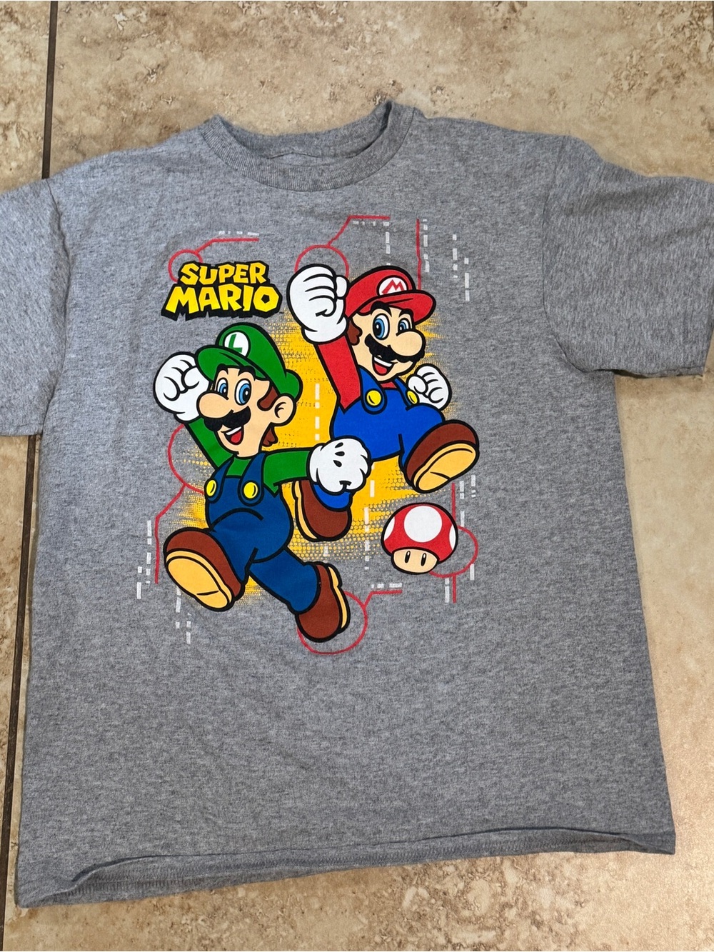 Nintendo Super Mario Gray Tee with Red, Green & Blue Graphic